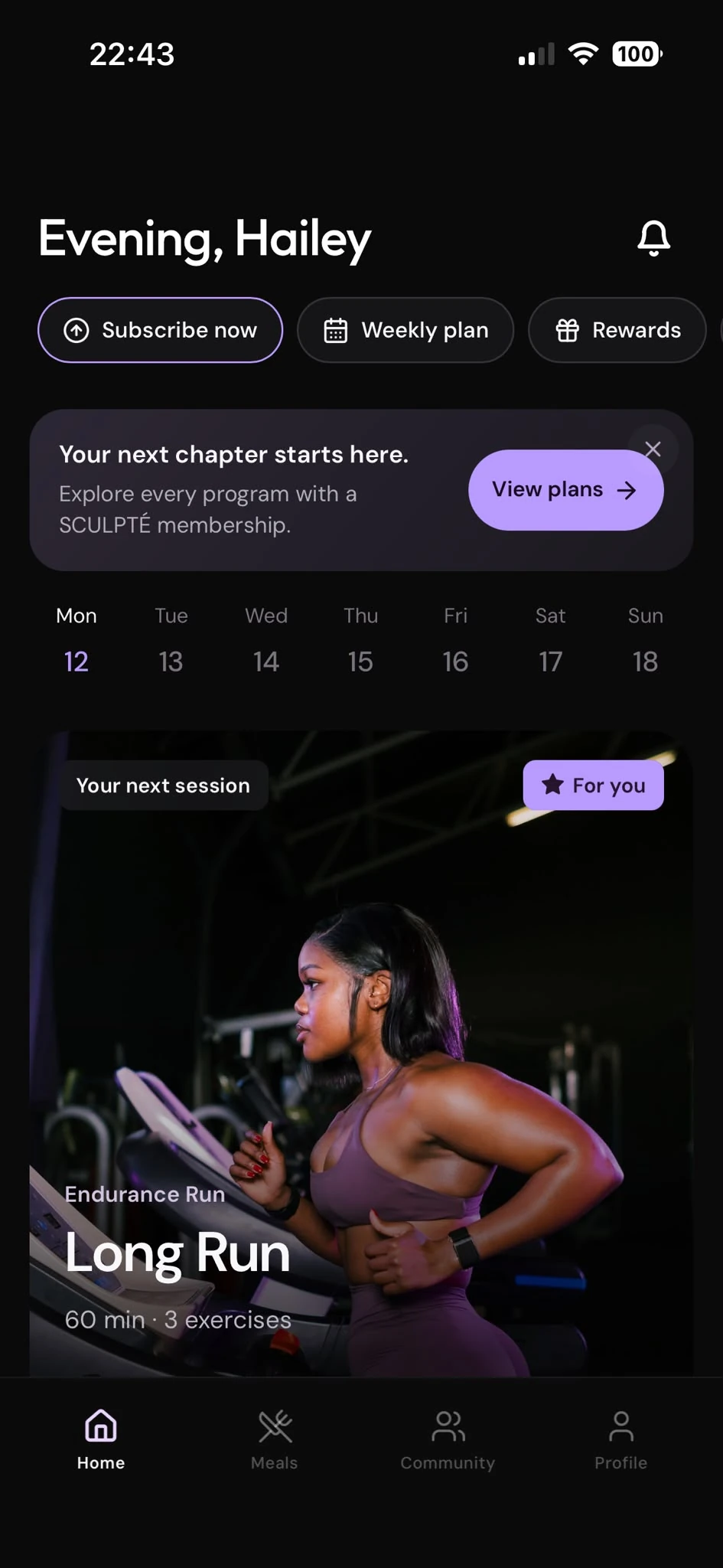 SCULPTÉ app — home screen with the weekly calendar and next Long Run session